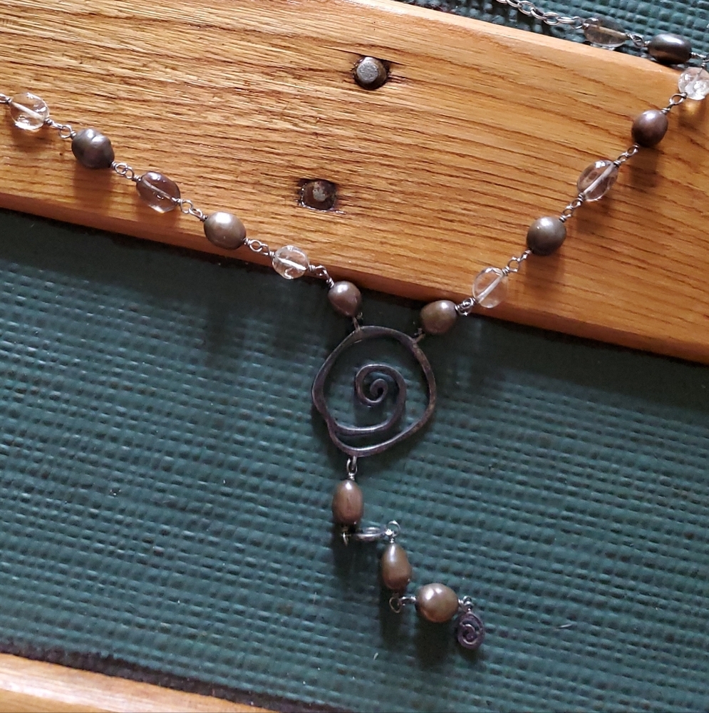 Artisan Celtic Spiral Y Necklace with Brown Freshwater Pearls
